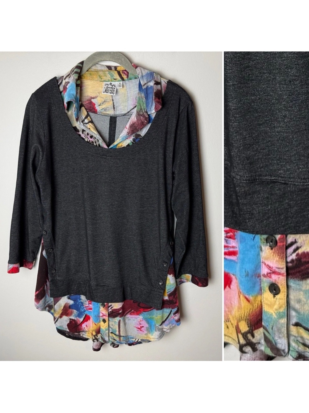 Parsley & Sage Tunic Top Size Small Layered Mixed Media Abstract Art Knit 3/4